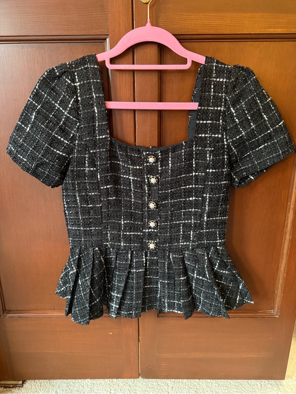 Vici Black Tweed Peplum Square-Neck Blouse with Pearl Buttons